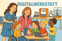 Cartoonbild von einer Digitalwerkstatt mit zwei Lehrerinnen und Kindern rund um einen Roboter